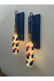 Led Işıklı Koyu Mavi Renkli Vitray Cam Salon Bar Bahçe Dekoru Şarap Şişesi Duvar Aplik 2'li Set - Görsel 3