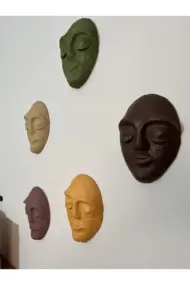 El Yapımı Özel Tasarım Oval Stil Renkli Duvar Maskları 5'li Set Sarı- Yeşil- Kahverengi Tonları - Görsel 3