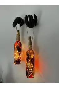 Heykel Siyah El Dekorlu Led Işıklı Kahve Vitray Cam Şarap Şişesi Aplik 2'li set Cafe Bahçe Ev Dekoru - Görsel 3