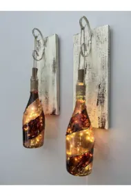 Led Işıklı Ahşap Kahverengi Vitray Cam Salon Bar Bahçe Dekoru Şampanya Şişesi Aplik 2 Li Set - Görsel 3