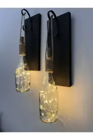 Tıpa Peri Led Işıklı Siyah Ahşap Cam Şampanya Şişesi Duvar Aplik 2'li Set - Görsel 3