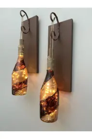 Led Işıklı Ahşap Kahverengi Vitray Cam Salon Bar Bahçe Dekoru Şampanya Şişesi Aplik 2'li Set - Görsel 3