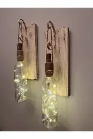 Tıpa Peri Led Işıklı Krem Kahve Cam Şarap Şişesi Duvar Aplik 2'li Set - Görsel 3
