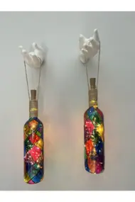 Kadın El Heykeli Led Işıklı Renkli Vitray Cam Şarap Şişesi Aplik Set Cafe, Bar, Bahçe, Ev Dekoru - Görsel 3