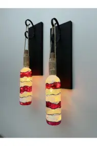 Led Işıklı Ahşap Kırmızı Renkli Vitray Cam Salon Bar Bahçe Dekoru Şarap Şişesi Duvar Aplik 2'li Set - Görsel 3
