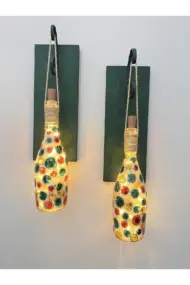 Led Işıklı Ahşap Koyu Yeşil Renkli Vitray Cam Salon Bar Bahçe Dekoru Şampanya Şişesi Aplik 2'li Set - Görsel 3