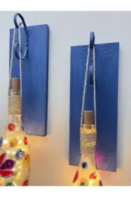 Led Işıklı Ahşap Koyu Mavi Renkli Vitray Cam Salon Bar Bahçe Dekoru Şampanya Şişesi Aplik 2'li Set - Görsel 3