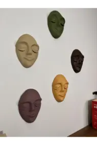 El Yapımı Özel Tasarım Oval Stil Renkli Duvar Maskları 5'li Set Sarı- Yeşil- Kahverengi Tonları - Görsel 4