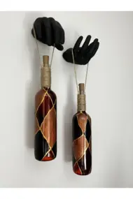 Heykel Siyah El Dekorlu Led Işıklı Kahve Vitray Cam Şarap Şişesi Aplik 2'li set Cafe Bahçe Ev Dekoru - Görsel 4