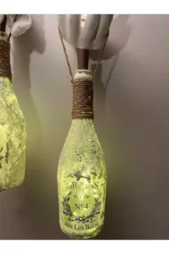 El Yapımı Heykel El Dekorlu Led Işıklı Buzlu Cam Şampanya Şişesi Aplik 2'li Set - Görsel 4