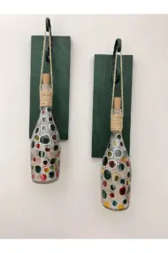 Led Işıklı Ahşap Koyu Yeşil Renkli Vitray Cam Salon Bar Bahçe Dekoru Şampanya Şişesi Aplik 2'li Set - Görsel 4