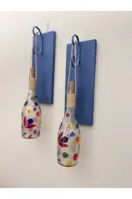 Led Işıklı Ahşap Koyu Mavi Renkli Vitray Cam Salon Bar Bahçe Dekoru Şampanya Şişesi Aplik 2'li Set - Görsel 4