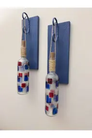 Led Işıklı Koyu Mavi Renkli Vitray Cam Salon Bar Bahçe Dekoru Şarap Şişesi Duvar Aplik 2'li Set - Görsel 5