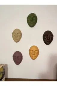 El Yapımı Özel Tasarım Oval Stil Renkli Duvar Maskları 5'li Set Sarı- Yeşil- Kahverengi Tonları - Görsel 5