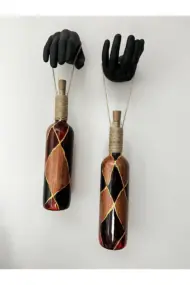 Heykel Siyah El Dekorlu Led Işıklı Kahve Vitray Cam Şarap Şişesi Aplik 2'li set Cafe Bahçe Ev Dekoru - Görsel 5