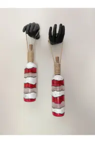 Heykel El Dekorlu Led Işıklı Kırmızı Vitray Cam Şarap Şişesi Aplik 2'li Set Cafe Bahçe Ev Dekoru - Görsel 5