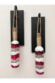 Led Işıklı Ahşap Kırmızı Renkli Vitray Cam Salon Bar Bahçe Dekoru Şarap Şişesi Duvar Aplik 2'li Set - Görsel 5