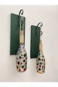 Led Işıklı Ahşap Koyu Yeşil Renkli Vitray Cam Salon Bar Bahçe Dekoru Şampanya Şişesi Aplik 2'li Set - Görsel 5