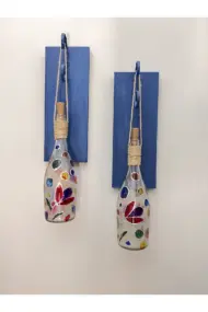 Led Işıklı Ahşap Koyu Mavi Renkli Vitray Cam Salon Bar Bahçe Dekoru Şampanya Şişesi Aplik 2'li Set - Görsel 5