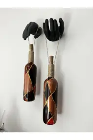 Heykel Siyah El Dekorlu Led Işıklı Kahve Vitray Cam Şarap Şişesi Aplik 2'li set Cafe Bahçe Ev Dekoru - Görsel 6