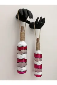 Heykel El Dekorlu Led Işıklı Kırmızı Vitray Cam Şarap Şişesi Aplik 2'li Set Cafe Bahçe Ev Dekoru - Görsel 6