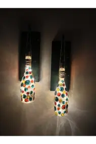 Led Işıklı Ahşap Koyu Yeşil Renkli Vitray Cam Salon Bar Bahçe Dekoru Şampanya Şişesi Aplik 2'li Set - Görsel 6