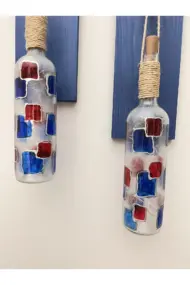 Led Işıklı Koyu Mavi Renkli Vitray Cam Salon Bar Bahçe Dekoru Şarap Şişesi Duvar Aplik 2'li Set - Görsel 6