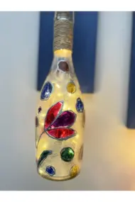 Led Işıklı Ahşap Koyu Mavi Renkli Vitray Cam Salon Bar Bahçe Dekoru Şampanya Şişesi Aplik 2'li Set - Görsel 7