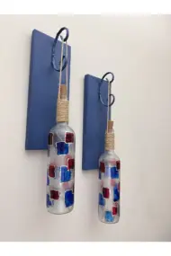 Led Işıklı Koyu Mavi Renkli Vitray Cam Salon Bar Bahçe Dekoru Şarap Şişesi Duvar Aplik 2'li Set - Görsel 7