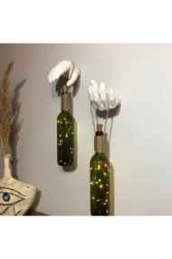 El Yapımı Heykel El Dekorlu Renkli Led Işıklı Yeşil Şarap Şişesi Aplik 2'li Set - Görsel 8