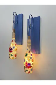 Led Işıklı Ahşap Koyu Mavi Renkli Vitray Cam Salon Bar Bahçe Dekoru Şampanya Şişesi Aplik 2'li Set - Görsel 8