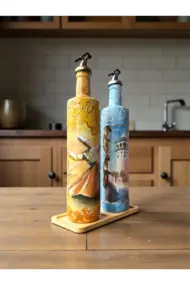 750 ml El Boyaması Cam Yağdanlık Seti – İstanbul Serisi | Mevlana & Galata Kulesi | Ahşap Standlı - Görsel 4