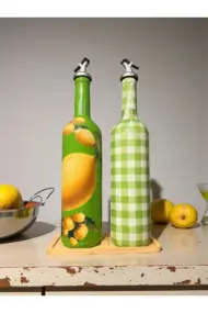 750 ml El Boyaması Yeşil Limon Desenli Cam Zeytinyağı & Sirkelik Şişe Seti – Mutfak Aksesuarı