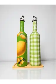 750 ml El Boyaması Yeşil Limon Desenli Cam Zeytinyağı & Sirkelik Şişe Seti – Mutfak Aksesuarı - Görsel 3