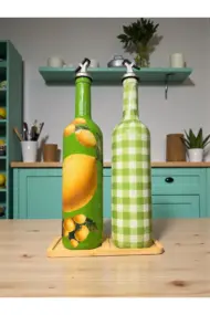 750 ml El Boyaması Yeşil Limon Desenli Cam Zeytinyağı & Sirkelik Şişe Seti – Mutfak Aksesuarı - Görsel 4