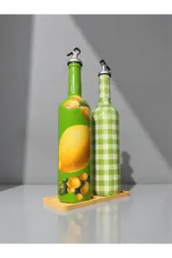 750 ml El Boyaması Yeşil Limon Desenli Cam Zeytinyağı & Sirkelik Şişe Seti – Mutfak Aksesuarı - Görsel 5