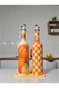 750 ml El Boyaması Kabak Desenli Cam Zeytinyağı & Sirkelik Şişe Seti – Dekoratif Mutfak Aksesuarı