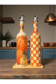 750 ml El Boyaması Kabak Desenli Cam Zeytinyağı & Sirkelik Şişe Seti – Dekoratif Mutfak Aksesuarı - Görsel 3