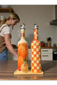 750 ml El Boyaması Kabak Desenli Cam Zeytinyağı & Sirkelik Şişe Seti – Dekoratif Mutfak Aksesuarı - Görsel 4