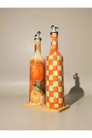 750 ml El Boyaması Kabak Desenli Cam Zeytinyağı & Sirkelik Şişe Seti – Dekoratif Mutfak Aksesuarı - Görsel 5