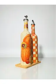 750 ml El Boyaması Kabak Desenli Cam Zeytinyağı & Sirkelik Şişe Seti – Dekoratif Mutfak Aksesuarı - Görsel 6