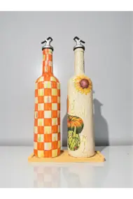 750 ml El Boyaması Kabak Desenli Cam Zeytinyağı & Sirkelik Şişe Seti – Dekoratif Mutfak Aksesuarı - Görsel 7