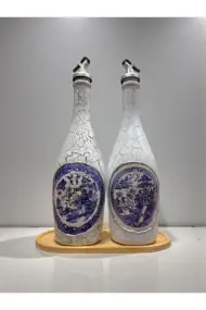 750 ml El Boyaması Cam Yağdanlık Seti | Klasik Tasarım | Crackle Efekt | Ahşap Standlı İkili Set