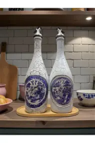 750 ml El Boyaması Cam Yağdanlık Seti | Klasik Tasarım | Crackle Efekt | Ahşap Standlı İkili Set - Görsel 3