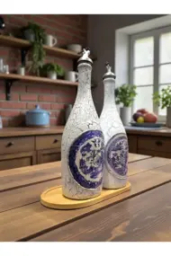 750 ml El Boyaması Cam Yağdanlık Seti | Klasik Tasarım | Crackle Efekt | Ahşap Standlı İkili Set - Görsel 4