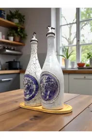 750 ml El Boyaması Cam Yağdanlık Seti | Klasik Tasarım | Crackle Efekt | Ahşap Standlı İkili Set - Görsel 5