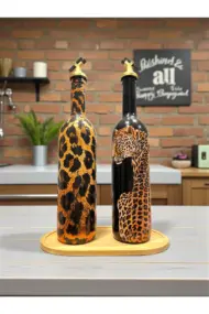 El Yapımı Leopar Desenli Cam Yağdanlık & Sirkelik 2 li set- Ahşap Tabanlı Özel Tasarım mutfak dekor - Görsel 3