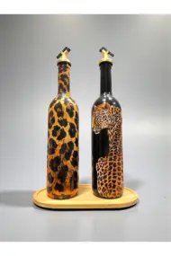 El Yapımı Leopar Desenli Cam Yağdanlık & Sirkelik 2 li set- Ahşap Tabanlı Özel Tasarım mutfak dekor - Görsel 4