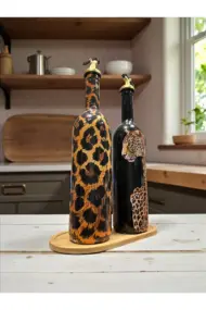 El Yapımı Leopar Desenli Cam Yağdanlık & Sirkelik 2 li set- Ahşap Tabanlı Özel Tasarım mutfak dekor - Görsel 5