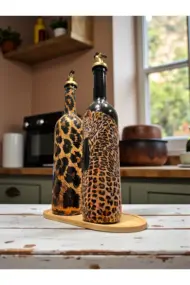 El Yapımı Leopar Desenli Cam Yağdanlık & Sirkelik 2 li set- Ahşap Tabanlı Özel Tasarım mutfak dekor - Görsel 6